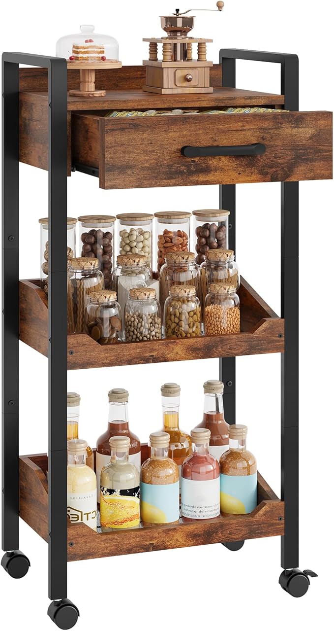 Hoctieon 3-Tier Rolling Storage Cart with Drawer, Rolling Utility Cart Organizer, Mobile Shelving Unit with Wheels, Metal Frame, Kitchen Utility Cart for Small Space, Office, Bathroom, Rustic Brown