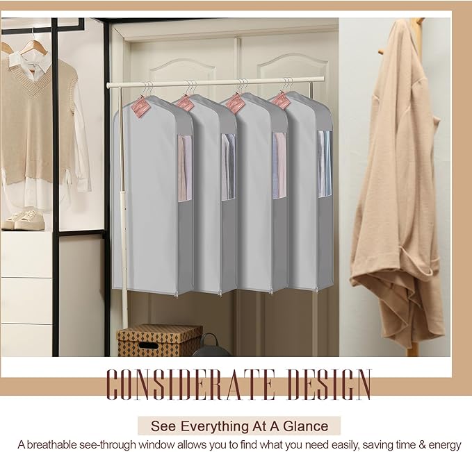 1 Set 40'' x 24'' x 6'' Short Cotton Garment Bags for Hanging Clothes and Storage, 4 Cedar Blocks for Fresh Smell and Moth Protection, Breathable Covers for Closet Suits Fur Coats Sweaters