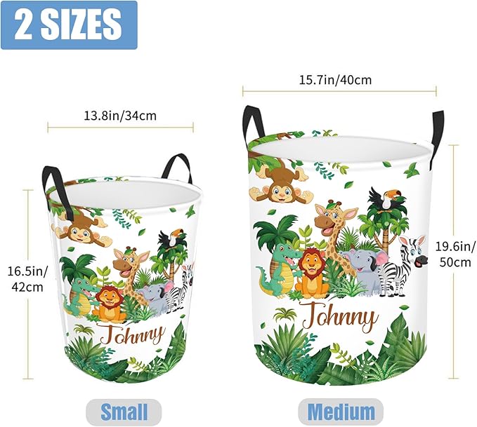 Personalized Name Baby Boys Hamper 2 Sizes, Custom Name Safari Animals Laundry Baskets for Toddler Kids Adults, Customize Baby Name Woodland Animals Print Storage Basket with Handles