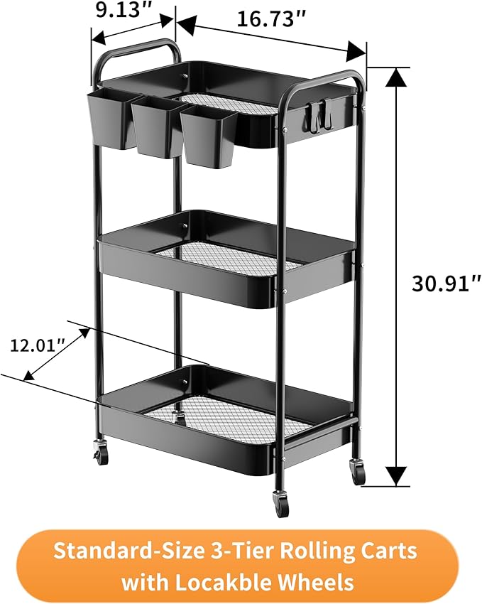 JAQ Makeup Carts, 3-Tier Metal Rolling Utility Storage Organizer Cart Shelf with Wheels for Craft Office Supplies Diapper Snack in Bathroom Kitchen Laundry Classroom Dorm -(3-Tier,Black