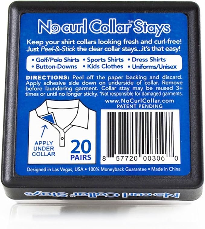 No Curl Collar Polo Shirt Collar Stays (You Choose: Peel-&-Stick or Iron-on)