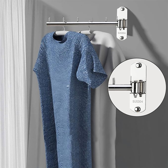 2 Pcs Folding Wall Mounted Clothes Hanger Rack with Swing Arm Stainless Steel Heavy Duty Coat Hook for Bathroom, Bedroom, Laundry Room - Silver