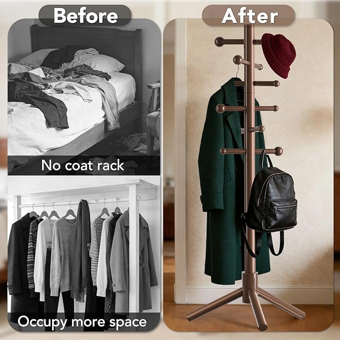 Wooden Coat Rack Freestanding with 12 Hooks 3 Adjustable Heights，Standing Coat Rack Tree for Hat and Coat Rack for Small Spaces Entryway,Office,Bedroom,Brown
