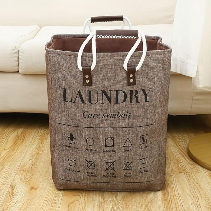 Small Laundry Basket, 50L Foldable Laundry Hamper Organizer with Handles, Fashion Portable Laundry Basket in Bedroom, Laundry Room, Closet, Bathroom, College Dorm (Brown)