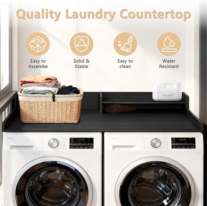 Washer and Dryer Countertop with Shelf, HDPE 2-Tier Laundry Countertop, 54" Wide Laundry Machine Topper with 2 Hooks & Non-Slip Pads for Laundry Room Organization and Folding Clothes (Black)