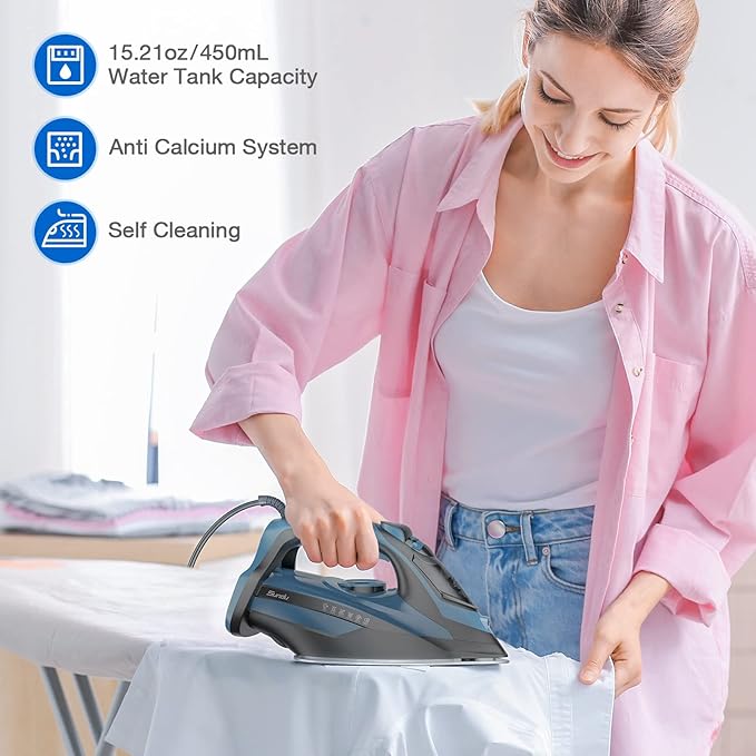 Steam Iron for Clothes 12s Fast Heat-up, 1500W Iron with 13.21oz Water Tank, 3-Way Auto shutoff, Burst Steam, Spray Mist, Anti-Drip, Self-Cleaning, Vertical Ironing for Home