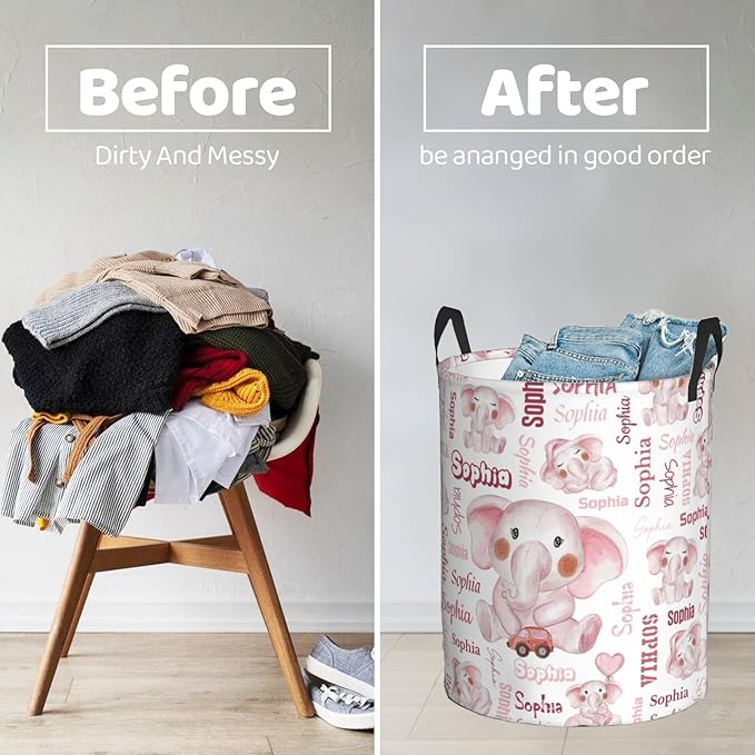 Custom name Laundry Hamper, Customizable Elephant Laundry Hampers, Personalized Elephant laundry basket, Customized Dirty Clothes Hamper with name for Bedroom Bathroom Barbershop Living Room