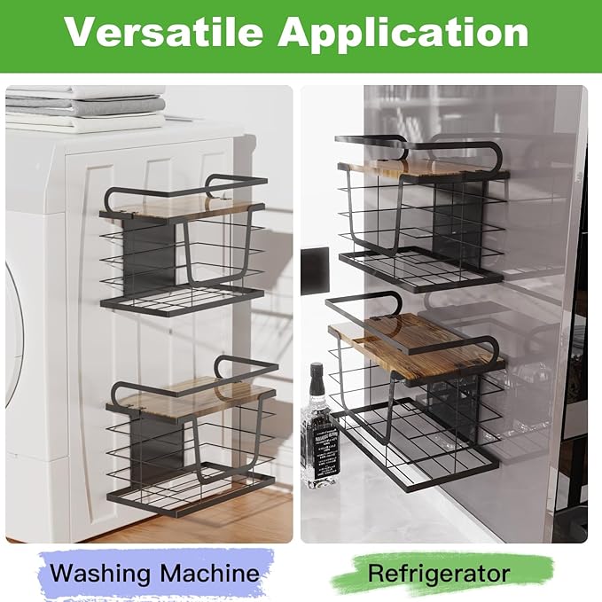 2 Pack Magnetic Trash Bag Holder, Wood Top with Guardrail, Garbage Bags, Potato and Onion Storage Bin, Magnetic&Adhesive Mount Trash Bag Dispenser for Fridge, Washer, Under Sink and RV Storage, Black