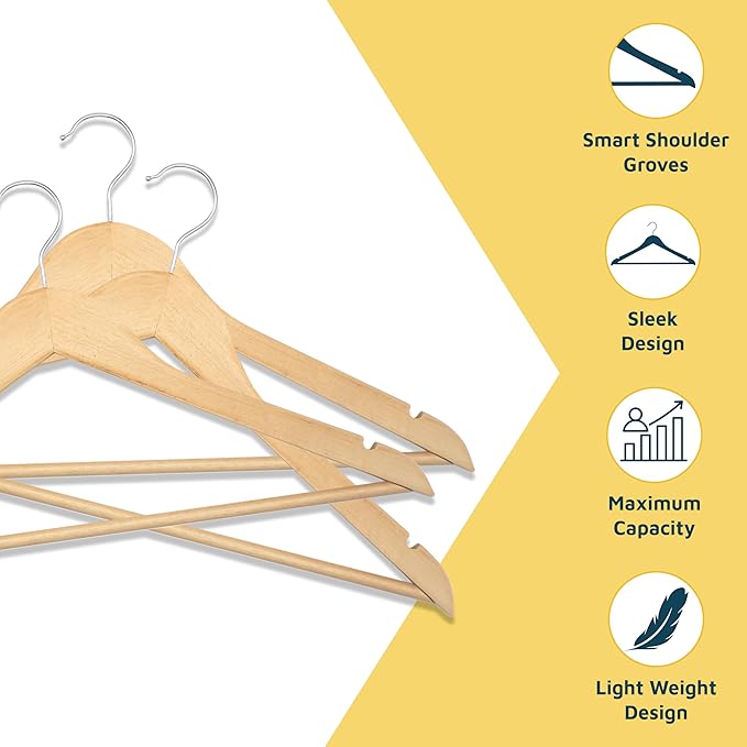 Lifemaster Wooden Hanger Set - 20 Pieces Non-Slip Versatile Closet Space-Saving Hanger Set for Suit, Coat, Camisole, Jacket, Pants, and Dresses with Rotating Swivel Hook - Natural Wood