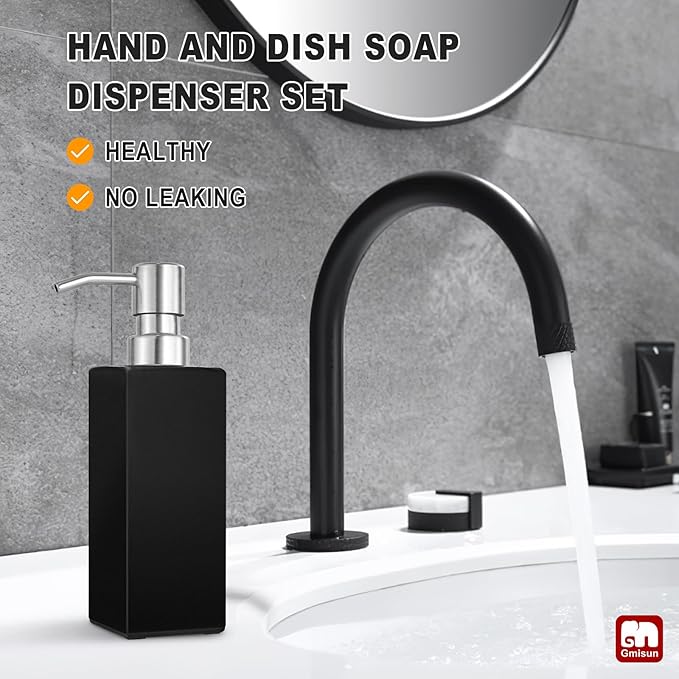 GMISUN Black Soap Dispenser, Hand Soap Dispenser Bathroom, 12 fl oz/350ml Glass Soap Dispensers with Stainless Steel Pump, Refillable Liquid Dish Dispenser for Kitchen, Modern Soap and Lotion Bottles