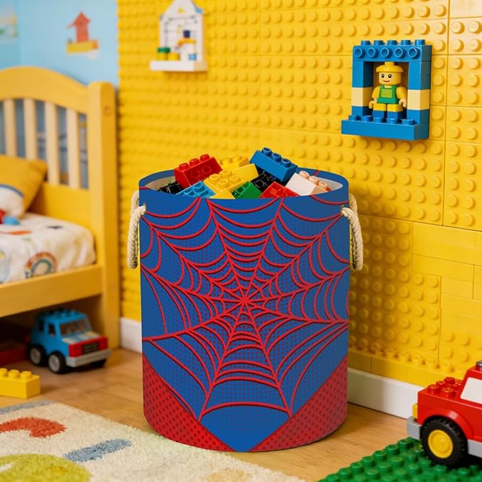 Blue Spider Web Laundry Hamper - 58L Collapsible Waterproof Large Tall Nursery Storage Baskets Bin for Kids Toys, Clothes, Bathroom, Boys Bedroom Comic Hero Decor, Gift Basket