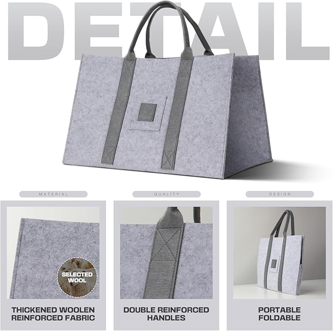 Large Laundry Tote 55L, 2 Pack Fabric Laundry Baskets with Handles, Woolen Clothes Hampers for Dorm, Laundry, Grocery, Traveling, Camping, Shopping, Versatile Storage Solutions (Light Grey)