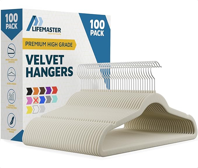 Lifemaster Velvet Non-Slip Hangers-100 Pieces Non-Slip Coat Hanger Set with 360° Swivel Hook,Space-Saving,Sleek Design,Keep Closet Organized,Smooth Velvet Finish,Lightweight Construction-Ivory