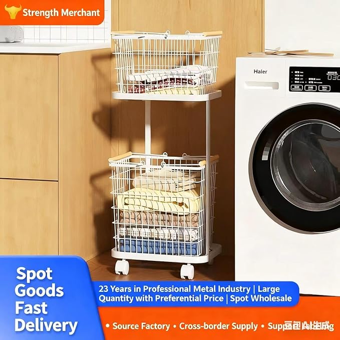 Large Laundry Baskets, Dirty Clothes Hamper with Wheels,Rolling Wire Laundry Basket Organize,2 Removable Wire Storage Metal Clothes Hamper Organizer for Laund Room, Bathroom, Bedroom, Dorm, White