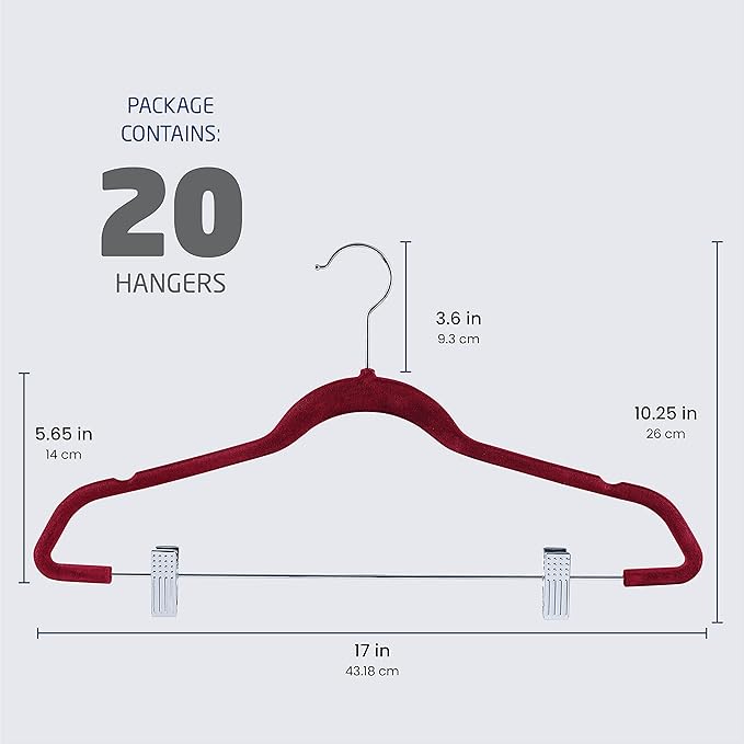 Zober Velvet Hangers with Clips - 20 Piece Set for Pants, Skirts, Suits, Dresses & Shirts - Notched Burgundy Velvet, Non Slip Felt, 360 Degree Hook