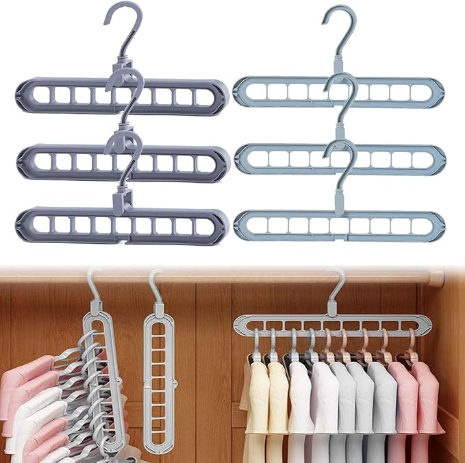 9 in 1 Smart Hanger, Upgrade Space Saving Hanger, 9 Holes Rotate Anti-Skid Folding Hangers with Multifunction Space Saving, for Heavy Clothes, Multiple Shirt, Shirts Pants (6pcs-E)