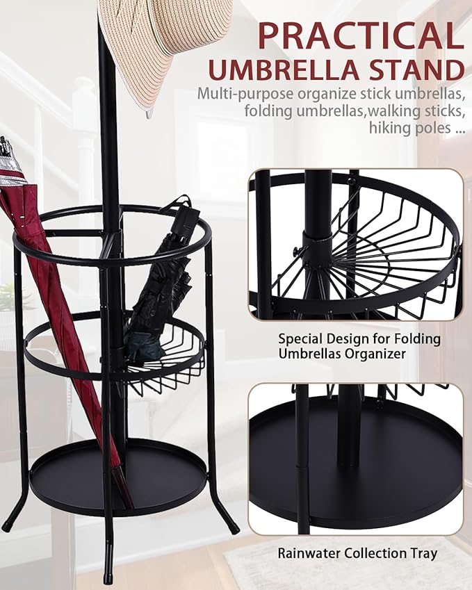 Metal Coat Rack Freestanding Coat Rack with Umbrella Stand, Black Coat Tree with 12 Hooks for Clothes Hats Bags, Modern Coat Hanger Stand for Entryway Living Room Bedroom Office Use