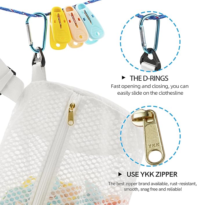Honeycomb Mesh Zippered Clothespin Bag for clothesline, Waist Pack Many Ways to Wear, Breathable Fabric, Large Opening, Large-Capacity, Hanging Clothespin Holder Bag Storage Organizer with Hooks