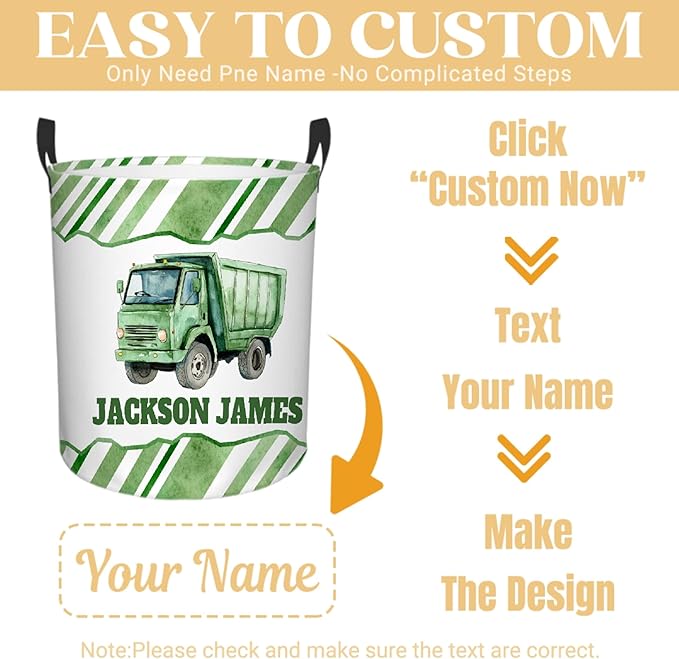 Personalized Garbage Truck Laundry Basket, Custom Laundry Hamper With Name Gifts For Kids Baby Adults, Collapsible Dirty Clothes Storage Organizer With Handles S 16.5 X 13.8in