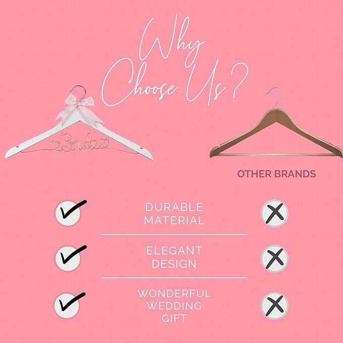 Bride Hanger for Wedding Dress, Wooden Gown Display with White Finish, Elegant Keepsake for Ceremony Photos, Bridal Shower Gift, Getting Ready Accessory for Special Day (White Wood Rose Gold Wire)
