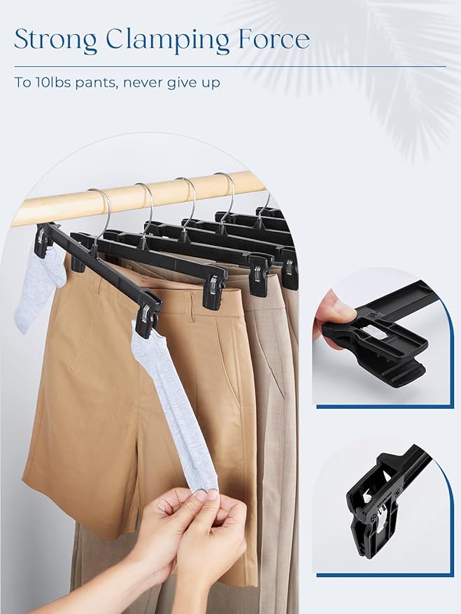 Smartor Space Saving Skirt Hangers - 90 Pack, Slim Plastic Pants and Shorts Hangers, Ridged Non-Slip with Pinch Clips, Black Clip Hangers for Women, 360-Rotating Chrome Swivel Hook, 12 Inches