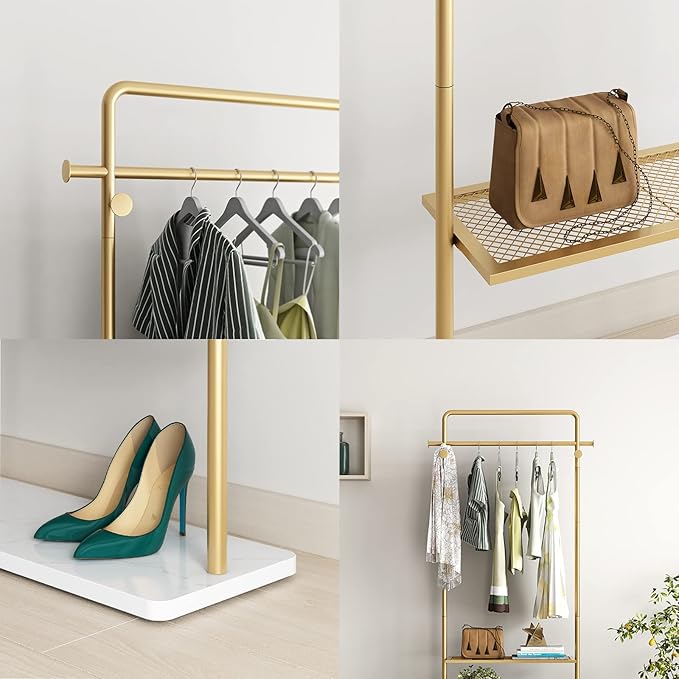 TIEOU Gold Clothing Racks with Shelf, Heavy Duty Gold Clothes Racks for Boutiques, Free-Standing Metal Garment Rack for Hanging Clothes, Modern Coat Rack Entryway