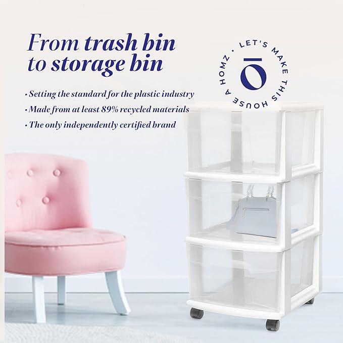 HOMZ Drawer Tower, 3-Tier Rolling Storage Cart with Removable Wheels, White Frame – Plastic Organizer with Clear Bin Drawers for Bedroom, Bathroom, Home Office, and Dorm Room