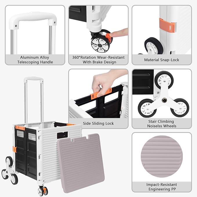 FELICON SELORSS Folding Utility Cart Portable Rolling Crate Handcart with Stair Climbing Wheels&360°Swivel Wheels Telescoping Handle Plastic Box Dolly for Travel Shop Move Office Teacher Use(White)