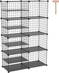 C&AHOME Wire Cube Storage Unit, Interlocking Metal Wire Organizer with Divider Design, Modular Cabinet with Plastic Panels, Bookshelf Stackable Closet Organizer with Small Hooks, Black UWCSIM08B