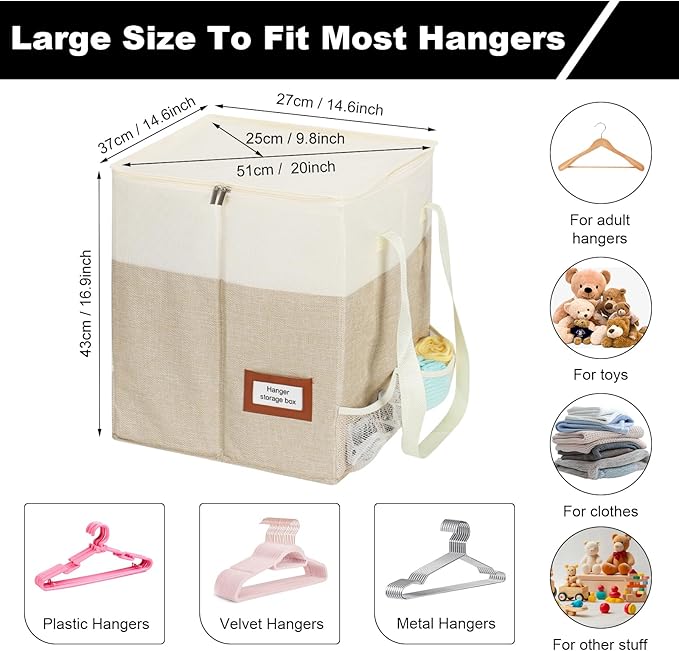 2 Pack Clothes Hanger Organizer Bag with Lid, Rigid Hanger Storage Containers,Hanger Caddy Organizer Box with Handle and Label Window Keep Closet Laundry Rooms Tidy (Beige)