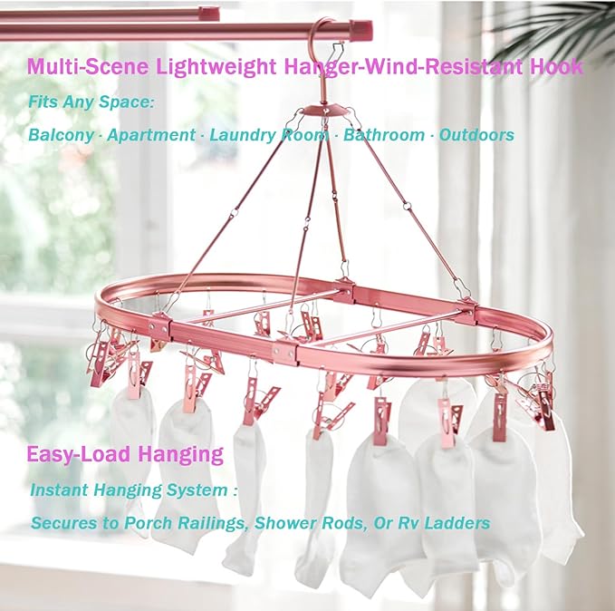 Sock Hanger for Drying with 26 Non-Slip Clips - Aluminum Hanging Drying Rack for Underwear, Baby Clothes & Delicates | Oval Design & Wind-Resistant Hook (Silver)