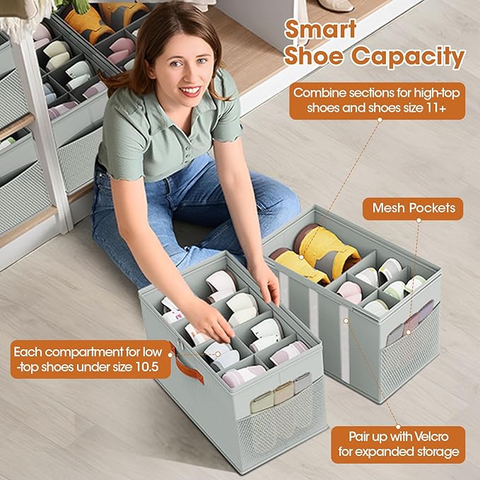 4 Pack Shoe Organizer for Closet,Foldable Shoe Storage Organizer with Adjustable Dividers, Shoe Storage Box with Clear Cover, Fits up to 16 Pairs, Gray