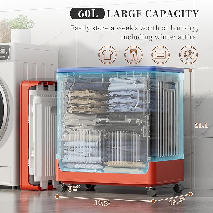 HAIXIN HOME 60L Cute Laundry Hamper, Slim Rolling Laundry Hamper with Lid, Dirty Clothes Hamper Cart with Handle for Bedroom, Bathroom, Closet, Dorm, Blue Lid, White Body and Red Base - Tricolor