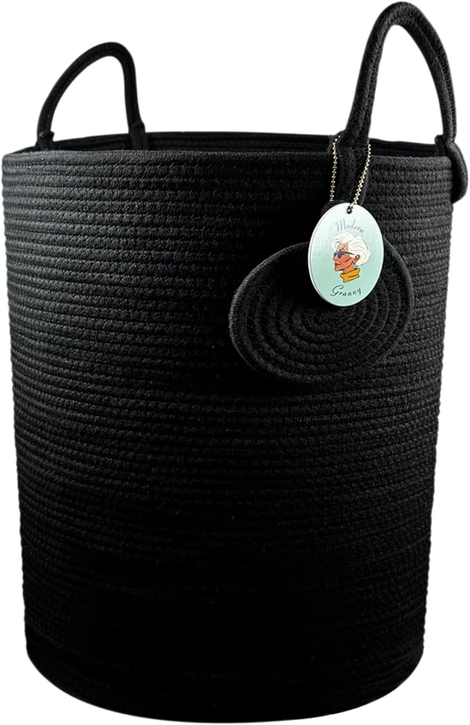 Modern Granny Medium Cotton Rope Laundry Hamper 14x16 Inch Dual Secure Woven Handle for Living Room Closet Clothes Blanket Organization