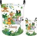 Personalized Name Baby Boys Hamper 2 Sizes, Custom Name Safari Animals Laundry Baskets for Toddler Kids Adults, Customize Baby Name Woodland Animals Print Storage Basket with Handles