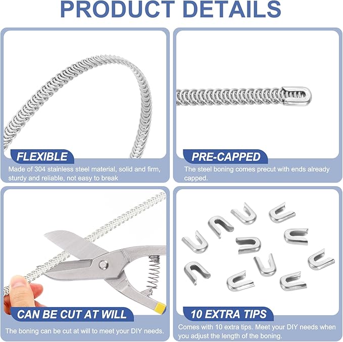 PATIKIL 10 Pcs 10 Inch 304 Stainless Steel Metal Steel Spiral Corset Boning, Metal Boning with 10pcs 5mm Boning Tips for Sewing Corset, Making Costume,Hoop Skirt, Collar (5mm Wide)
