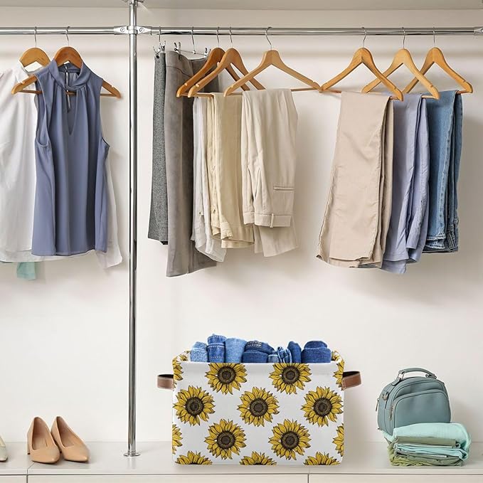 Foldable Storage Baskets Set of 2, Meadow Sunflower Storage Bins with Handles, Decorative Cloth Organizer Storage Boxes for Home|Office 15 x 11 x 9.5 in