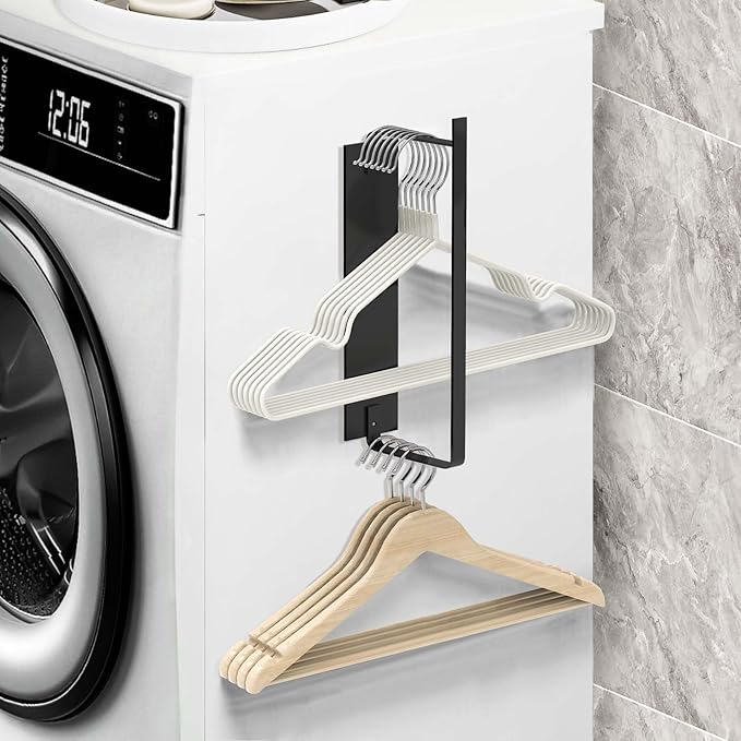 Magnetic Hanger Holder for Laundry Room, Space-Saving Hanger Organizer for Washing Machine Dryer, Holding up to 40 Velvet Wire Plastic Hangers (1, Black)