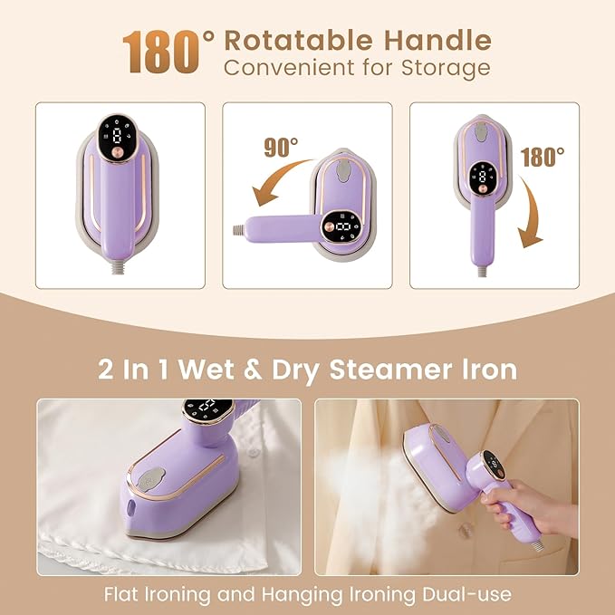 Portable Clothing Steamer, 1000W Clothing Wrinkle Remover, 3+1 Steam Adjustment Multifunctional Hanging Iron with LED Digital Display Screen, 130ml, with Water Shortage Warning, Safe Use (Purple)