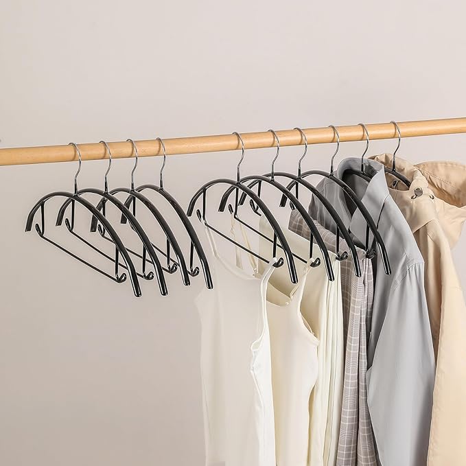 Premium PVC Sweater Hangers 10 Pack Heavy Duty- Non Slip No Shoulder Bump Suit Hanger -Chrome Hooks,Space Saving Clothes Rounded Shape for Coat,Jackets,Pants,Golf T Shirts (10, Silver/Black)