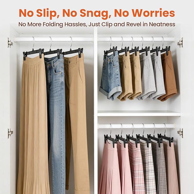 HOUSE DAY Black Pants Hangers 50 Pack, Skirt Hangers with Non-Slip Big Clips and 360° Swivel Hook, Heavy Duty Slim Plastic Pants Hanger, Space Saving Clip Hanger for Pants, Skirts, Shorts - 10 Inch