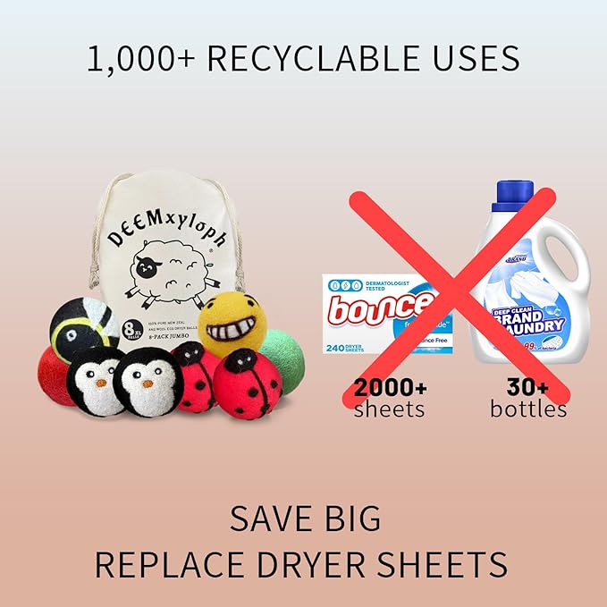 Penguin-Shaped Wool Dryer Balls Set of 8,Reusable Fabric Conditioner Substitute, Black-White-Grey Palette, Year-Round Energy Saver Anti-Static for Winter Coats, Thick Blankets, Bath Towels