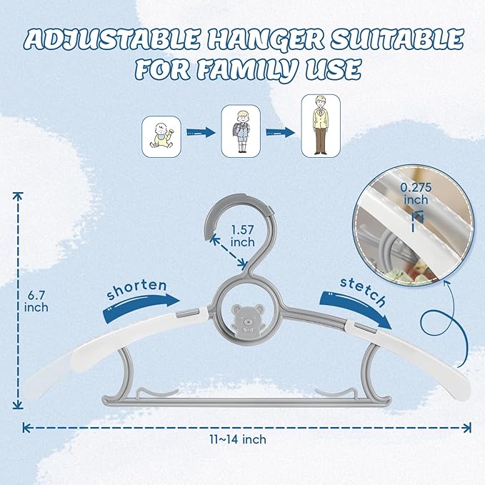 60 Pack Baby Hangers for Closet Adjustable, Extendable Adjustable 11~14inc Non-Slip Plastic Kids Hanger for Closet, Stackable Baby Clothes Hangers for Toddler Kids Children Infant Teen, Gray