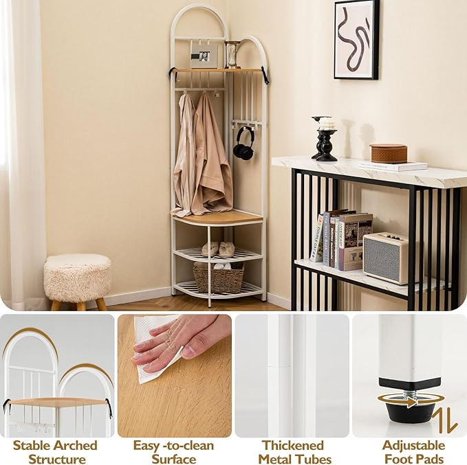 Tangkula Corner Hall Tree, 71 Inch Tall Entryway Coat Rack with Shoe Bench & 4 Storage Shelves, 6 Movable Hooks, Freestanding Metal Corner Clothes Rack for Bedroom Hallway Living Room