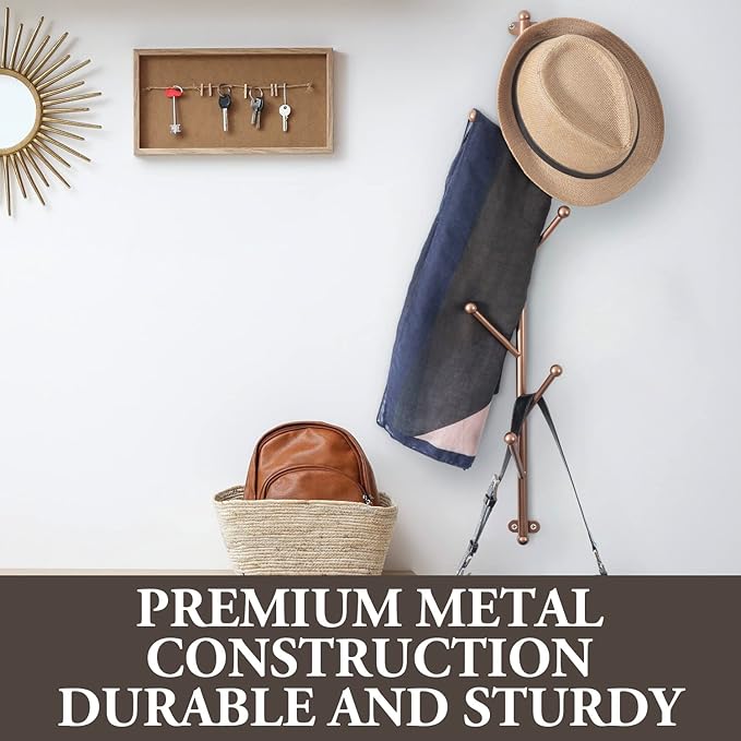 MyGift Modern Copper-Tone Metal Entryway Wall Coat Tree, Wall Mounted Hanger Hat and Coat Hooks