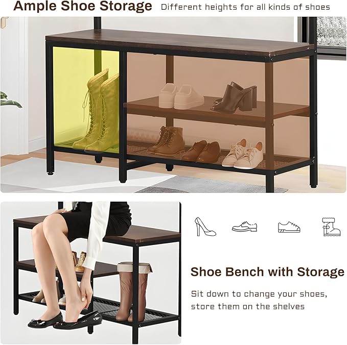 Hall Tree With Bench and Shoe Storage, 5 in 1 Entryway With Coat Rack, 71'' Industrial Wooden Metal Coat Tree With 14 Hooks, Shoe Storage and Wall Rack for Hallway Mudroom Bedroom (Rustic Brown)