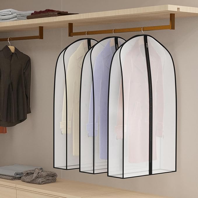 Zilink Breathable Garment Bags for Leather Coat 43” Suit Bags for Closet Storage Silky Suit Dust Covers for Hanging Clothes with 7" Gussted Wrinkle Free for Leather Clothing, Fur Coat, Dress, Set of 4