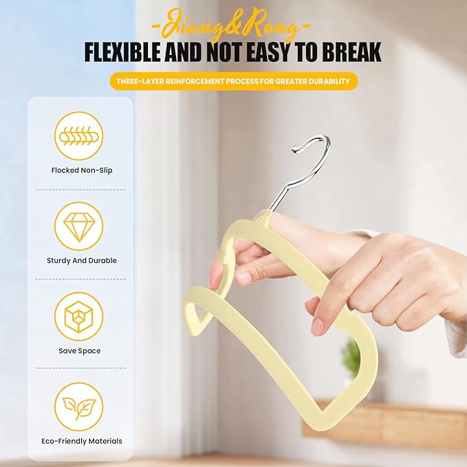 Jiang&Rong 30-Pack Velvet Pants Hangers, Space Saving Slim and Ultra-Thin Non-Slip with 360° Rotating Hooks Felt Hangers, Strong Load-Bearing Capacity Hangers(Beige)