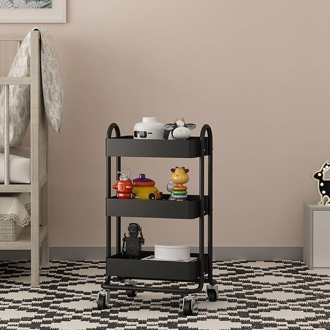 3-Tier Rolling Metal Storage Organizer,Mobile Utility Cart,Kitchen Storage Carts with Caster Wheels,Rolling Utility Cart Suitable for Office,Home,Kitchen,Garden（13.4"x18.1"x31"） Black