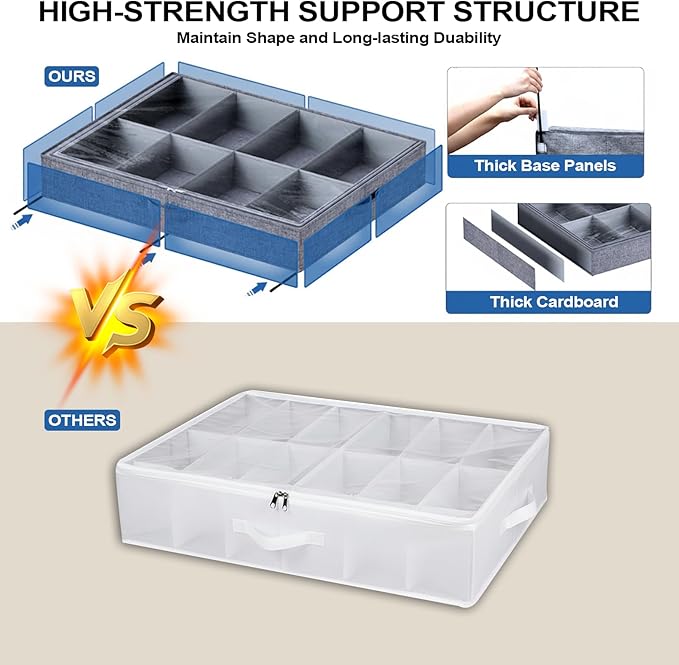 2 pc Sturdy Under Bed Shoe Storage Organizer, Underbed Shoes Closet Storage Solution with Clear Window, Breathable, With 1 Sock Bag and 20 Disposable Shoe Bags Fit 12 to 24 Pairs, Linen-like Black
